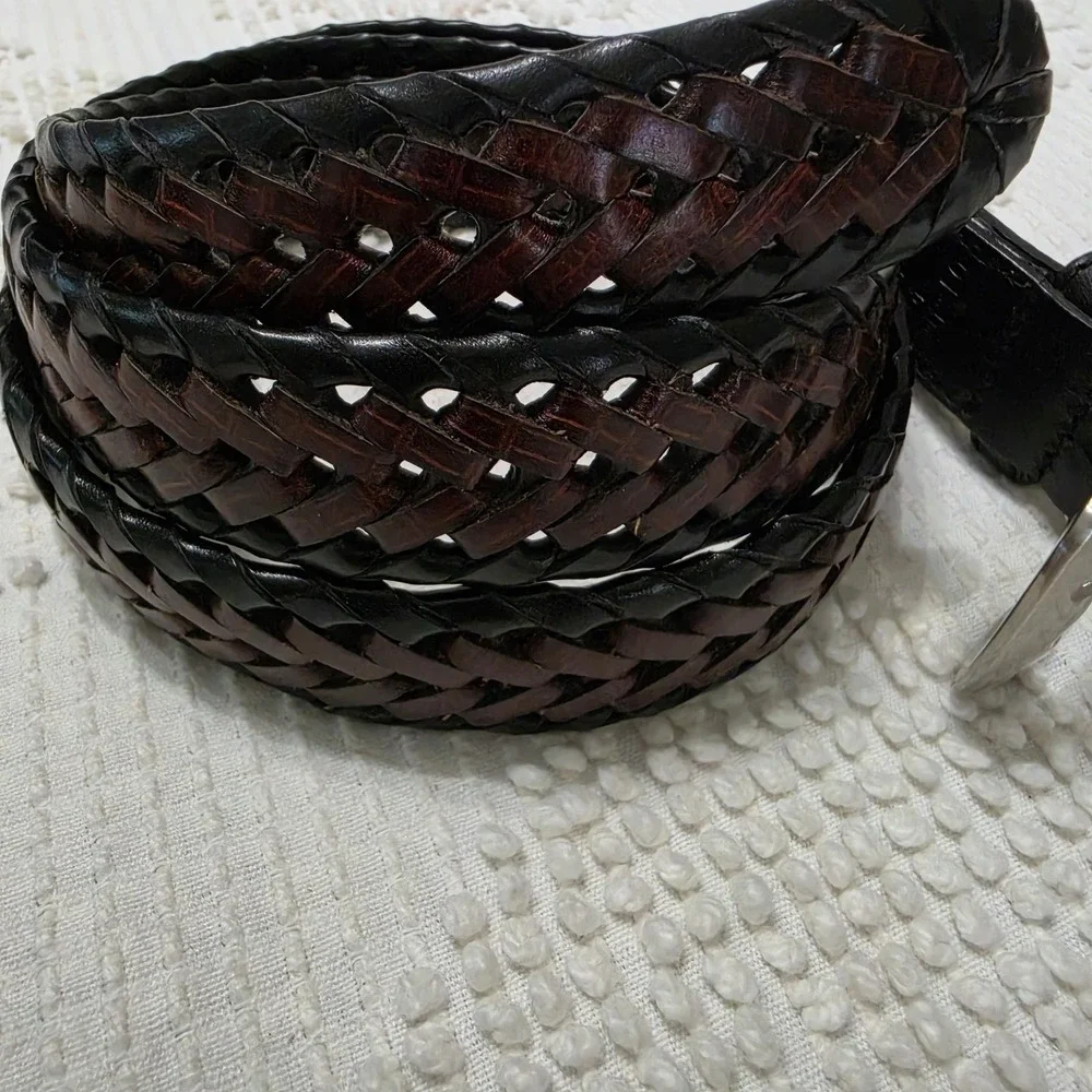 Leather Waist Belt Mens Woven Braided Black Brown Size 40